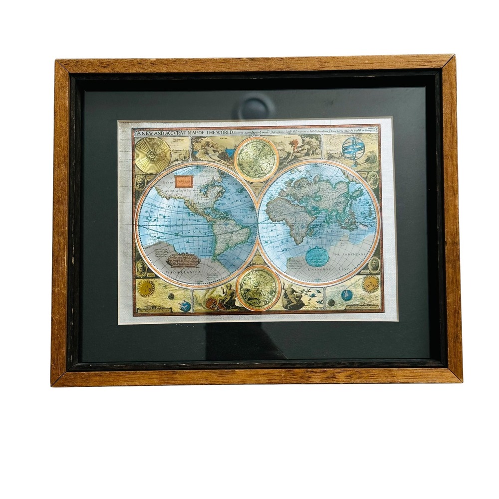 Retro Framed Foil World Map Art 1626 Replica Nautical Dark Academia Decor